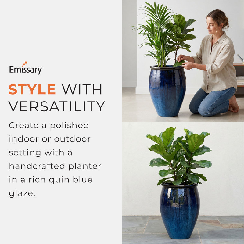 Lip Ceramic Pot Planter, 27" H x 19" W x 19" D, Quin Blue