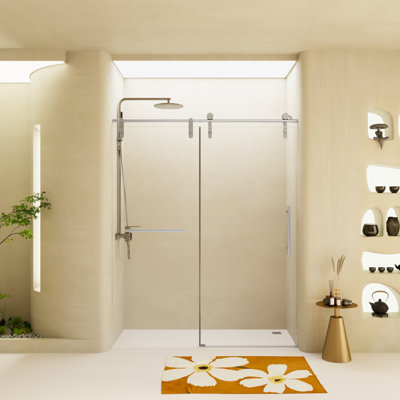Porte de douche coulissante simple sans cadre l 54 po x H 76 po avec barre à serviettes intégrée, verre trempé certifié GSC de 5/16 po (8 mm)