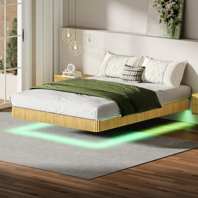 Queen Oak Floating Bed Frame, Wave Curve Wood Panel, Led Lights With 60000 + Color Variations, Heavy Duty Metal Support, Hidden Internal Structure, Sound - Activated Scene Creation, Texture,