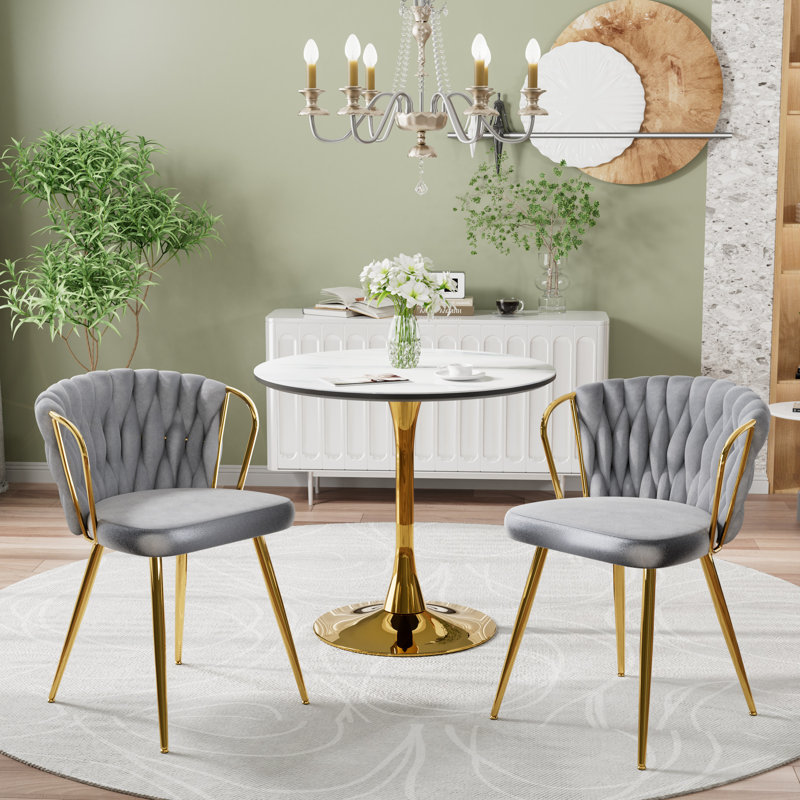 Marble Top Pedestal Dining Set, 3, Gray/Gold