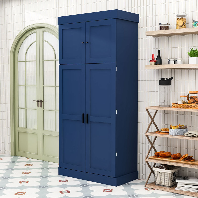 Grand garde-manger avec porte-bouteilles et tablettes réglables, Bleu
