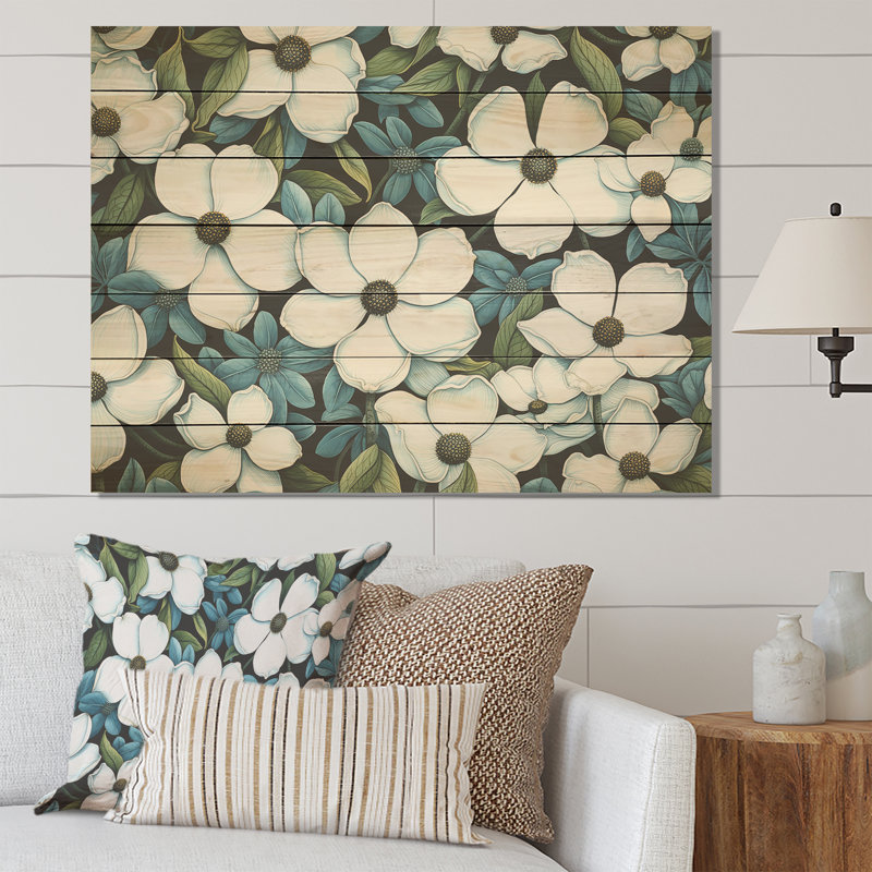 Fleurs de cornouiller blanches tranquilles I - cornouiller sur bois, H 10 po x l 20 po