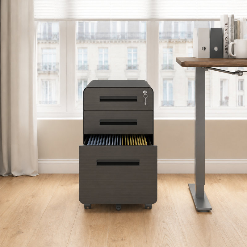 3-Drawer Rolling File Cabinet with Lock, Black Metal Filing Cabinet on Casters, Lockable Under Desk Office Storage Cabinet for Home Office, Fully Assembled
