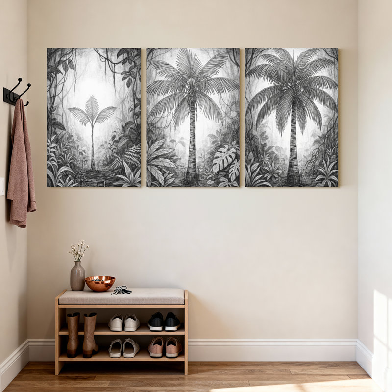 Palmiers, jungle tropicale, palmiers, reflets, noir et blanc, ensemble de 3 impressions sur toile, H 30 po x l 60 po