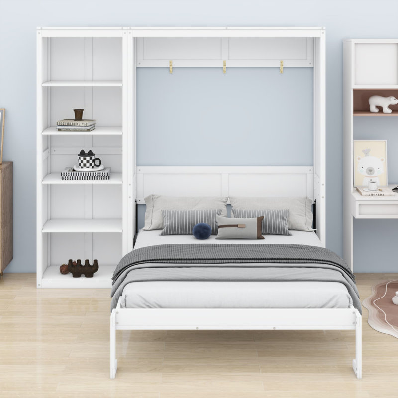 Ellettsville Murphy Bed Wall Bed With Shelves, White, Queen
