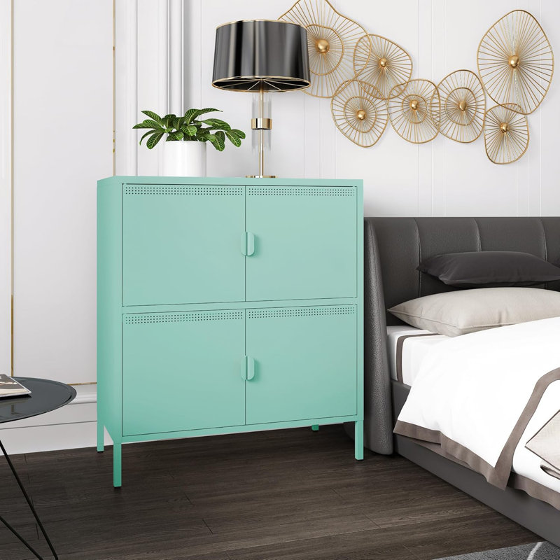 Armoire de rangement en métal, buffet de rangement, armoire autoportante avec 4 portes, Vert