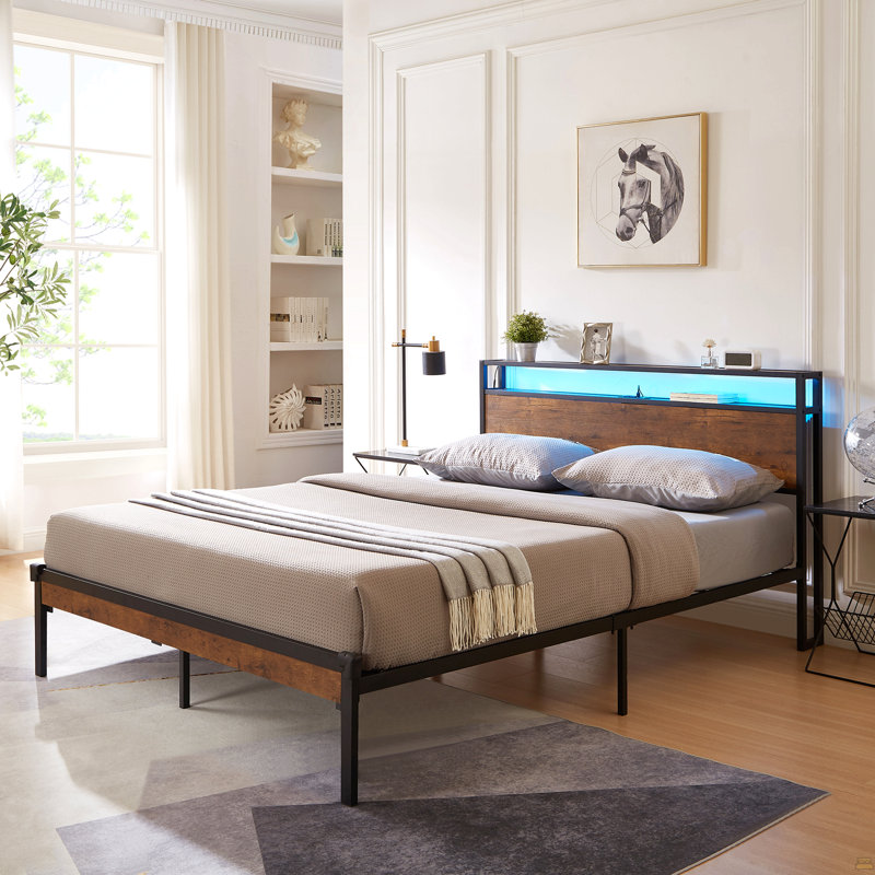 Full Size Metal Platform Bed Frame With Wooden Headboard And Footboard With USB LINER, LED Lights, Full