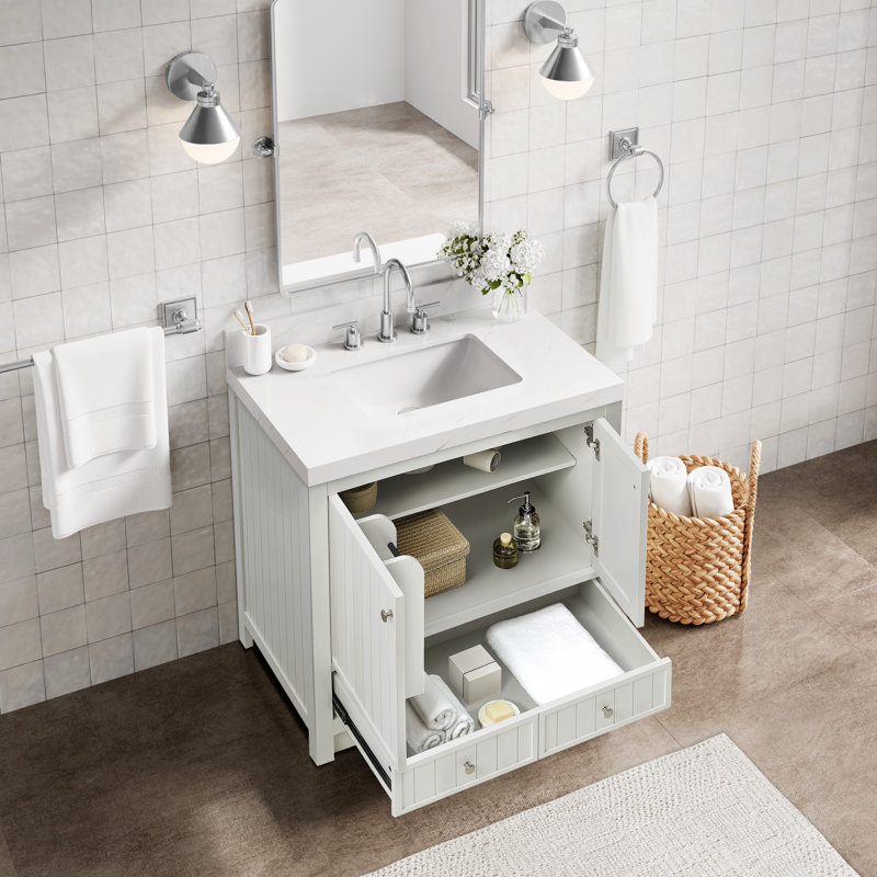 Meuble-lavabo de salle de bain Aula avec comptoir en quartz blanc Thassos de 2 po, Blanc perle, 36"
