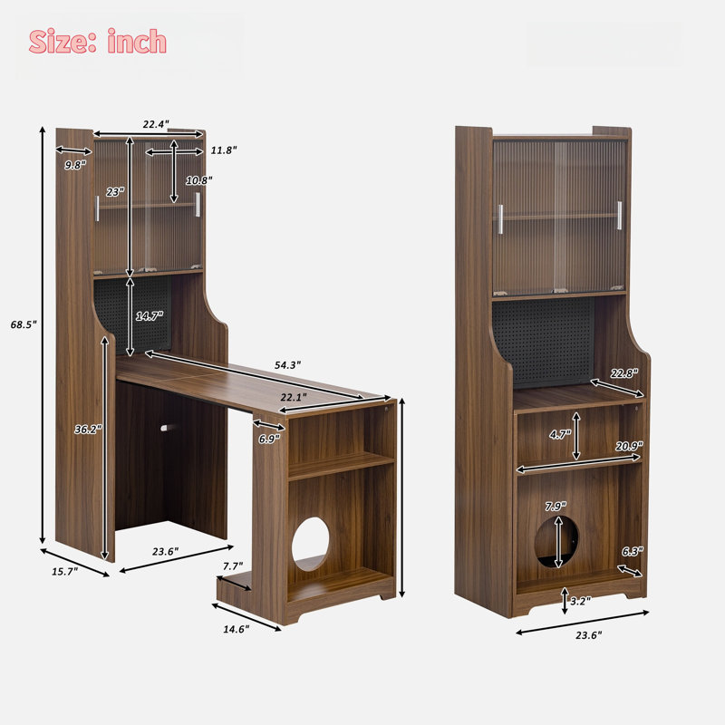 Mid-century Multi-use Extenable Cabinet Desk With Storage Peg Board, Storage Cabinet With Sliding Glass Doors, Led Light, Free Cat Cushion And Cat Toy