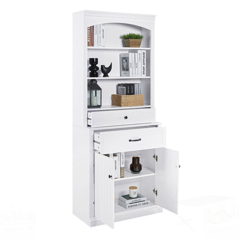 Armoire de rangement pour salle de bain avec deux portes, tiroirs, tablette réglable et trois tablettes ouvertes - Fabrication en panneau de fibres à densité moyenne durable