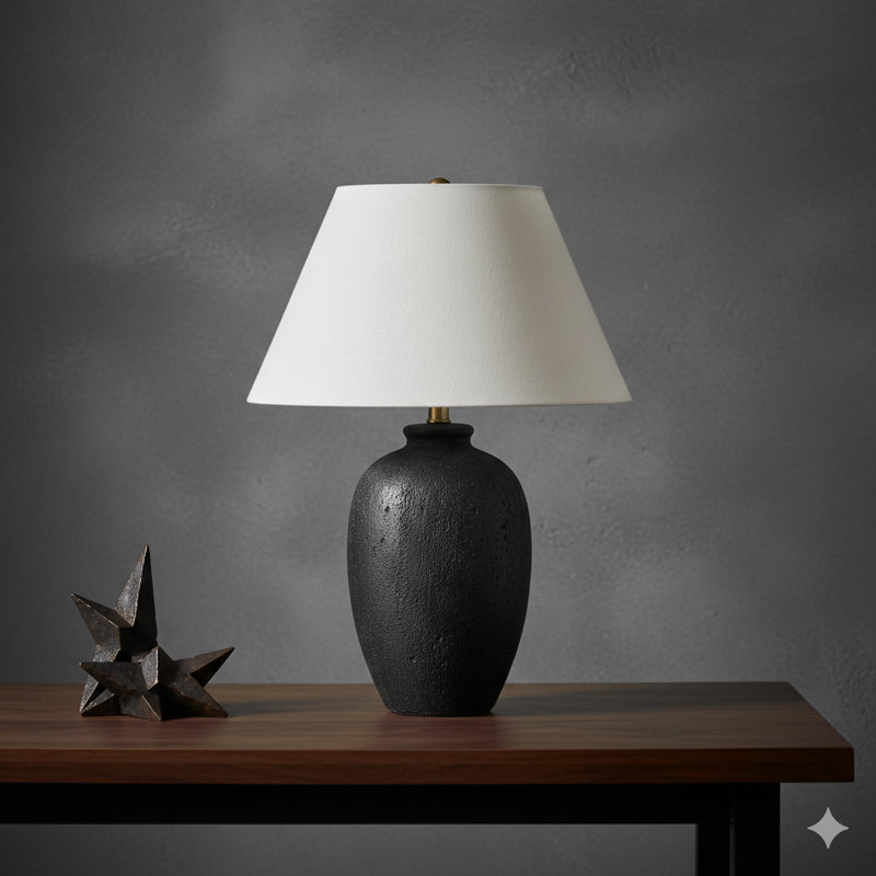 Lighting, H 24 po, lampe de table, céramique noire, abat-jour ivoire / crème, moderne