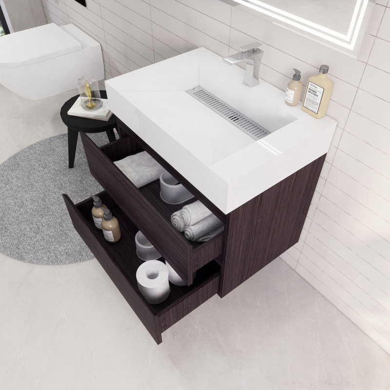 Ensemble de meuble-lavabo mural simple 30 po Babajide, Chêne gris foncé