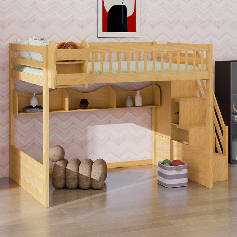 Wooden Loft Bed With Staircase And Wardrobe,Storage Shelves And Under-Bed Space, Natural