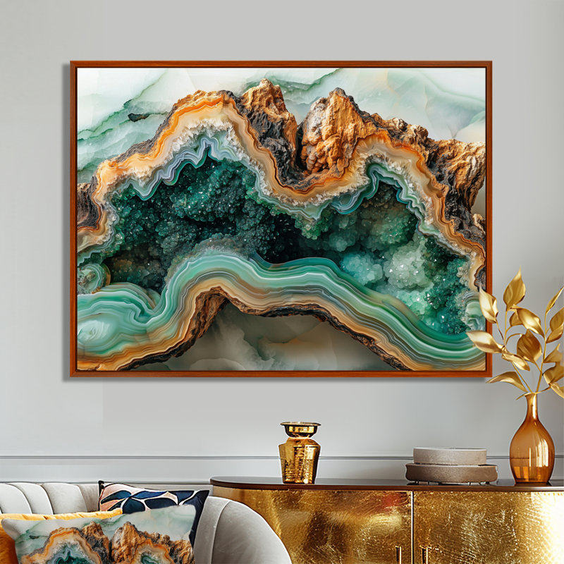 Agate et pierre émeraude dans la glissade en bois II - impressions sur toile Agate, H 34 po x l 44 po, Cadre flottant, Brun