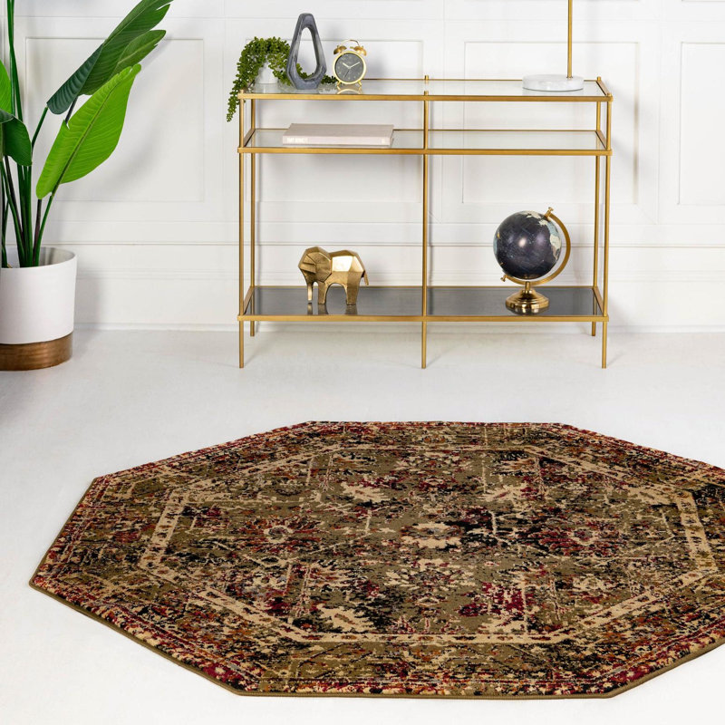 Tapis à motif géométrique vert / rouge / brun clair Alameda, Octogone 3 pi 1 po