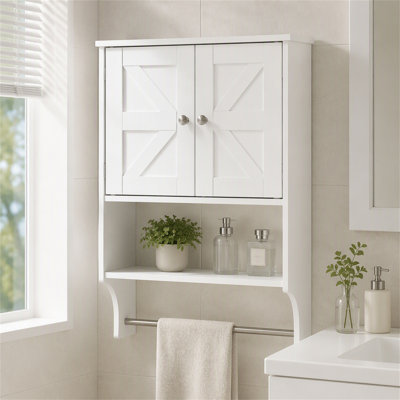 Armoire de rangement au-dessus de la toilette avec 2 portes et tablettes réglables, conception campagnarde pour salle de bain et salon