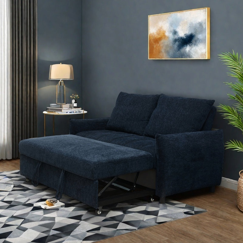 Canapé futon bleu marine avec 2 sacs de rangement, sacs modernes réglables et souples pour le salon