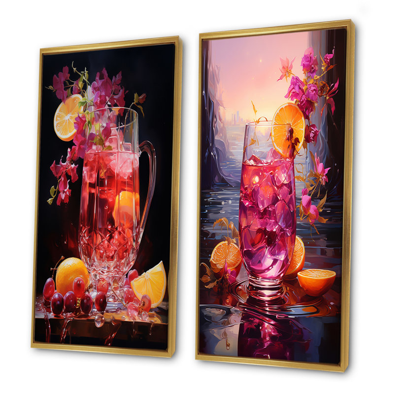 Sangria Sunset Cocktail - ensemble de salon d'art mural de 2 cocktails, Encadrement doré, H 28 po x l 25 po