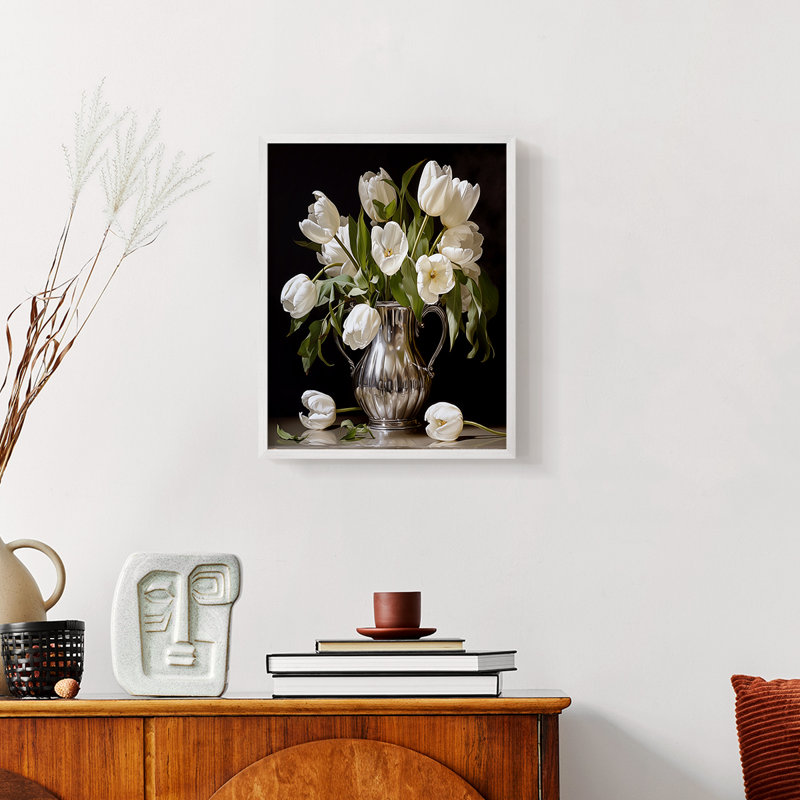 Série FLORAL DCCD - reproduction encadrée de qualité supérieure - prête à être accrochée - aucun clou requis, Blanc / Blanc