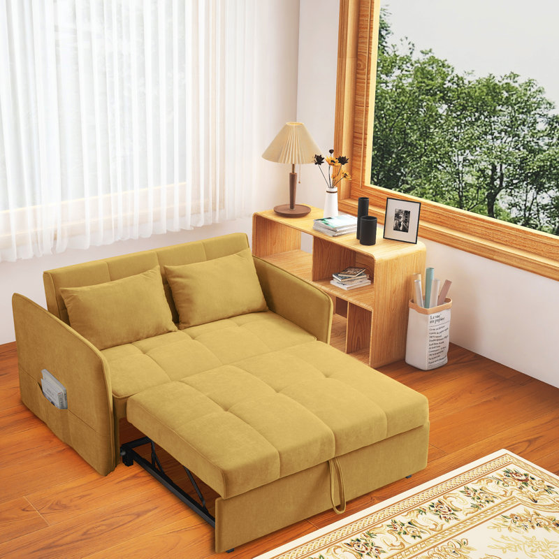 53.5'' Chenille Loveseat Sleeper Sofa Bed With Adjustable Angles And Storage Pockets, Yellow Chenille