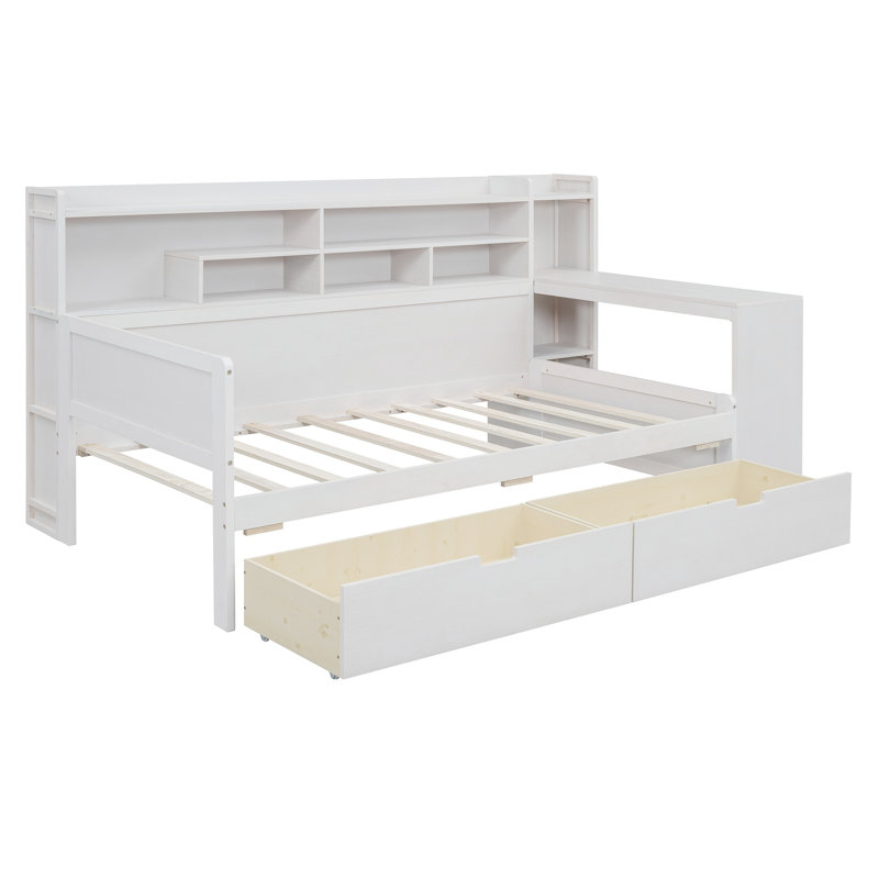 Lit de jour simple en bois avec tablettes de rangement, 2 tiroirs et bureau d'étude, lit multifonctionnel peu encombrant, blanc antique