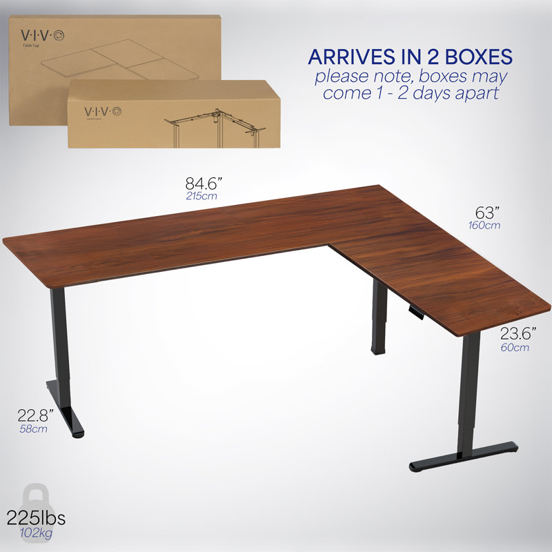 Bureau d'angle électrique VIVO, poste de travail en L, Bois foncé / noir, L 84,6 po x P 63 po
