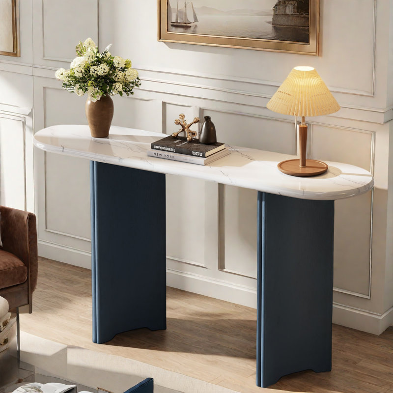 Narrow Console Table With Oval Marble Top, Curved Legs And Triangular-designed Base, Navy