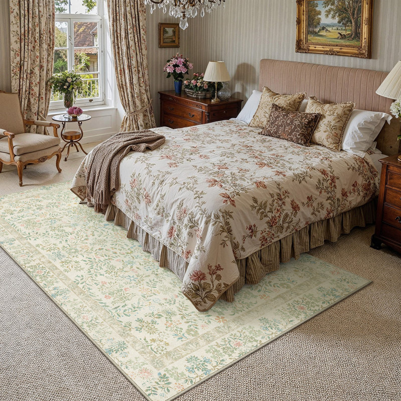 Tapis lavable à motif floral moderne Griffin avec envers antidérapant, Sage/Beige, Rectangle 9' x 12'