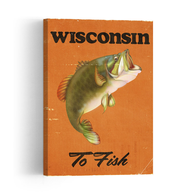 Wisconsin Bass Fishing Retro Vintage Fish Nature Wildlife Wall Art Print by Nicholas - Wrapped Canvas Print