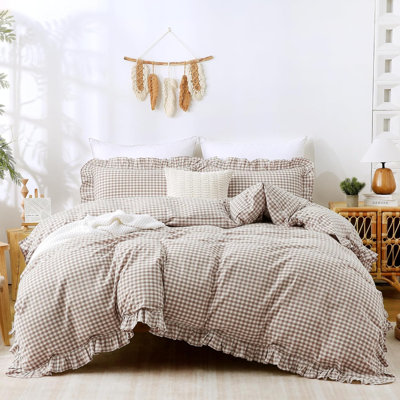 Ensemble de literie en duvet guingan brun clair 100% coton délavé à texture de lin doux et respirant 3 pièces (grand 90 po x 90 po, édredon non inclus)