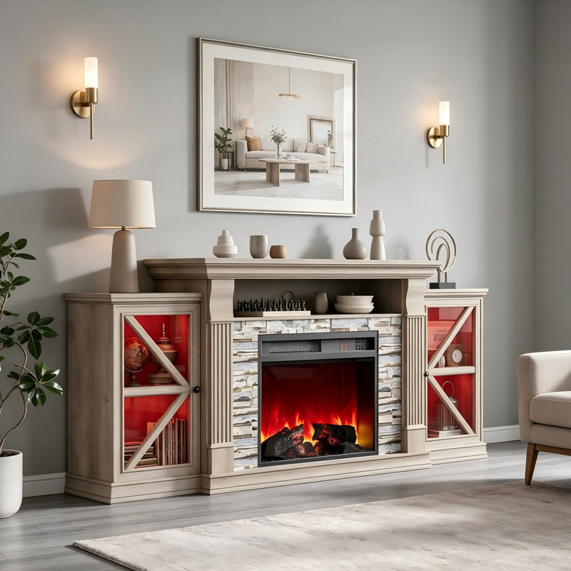70" Farmhouse TV Stand With Electric Fireplace for Tvs up to 70 inch ,Entertainment Center With Electric Fireplace,  Gray