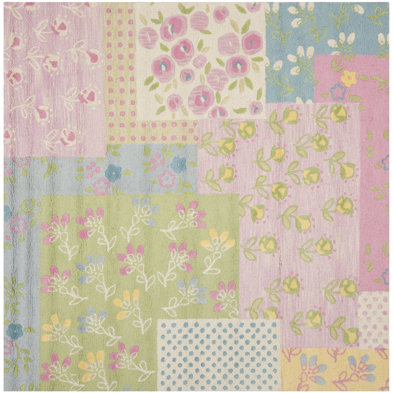 Handmade Pink and Multi Floral Wool Kids Rug, 7' x 7'