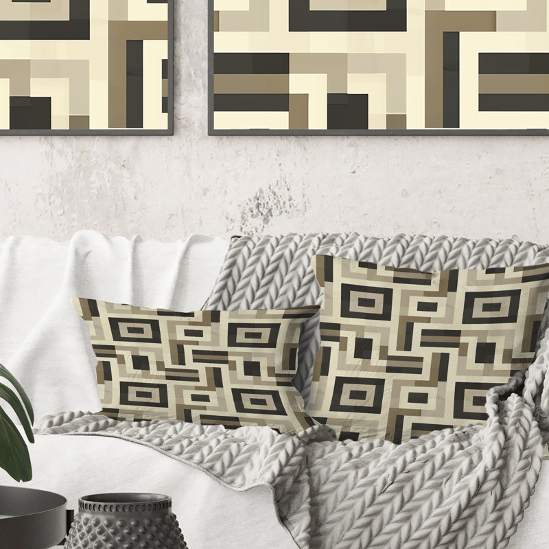 Beige Grey Midcentury Maze I - Midcentury Throw Pillow, 18"H x 18"W