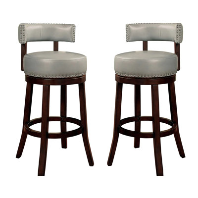 2 tabourets de bar 30 po, chêne foncé et gris, structure en bois massif, chaises de salle à manger de style transitionnel, siège rembourré avec garniture cloutée, 2 tabourets pivotants de 30 po, bois, spectaculaire