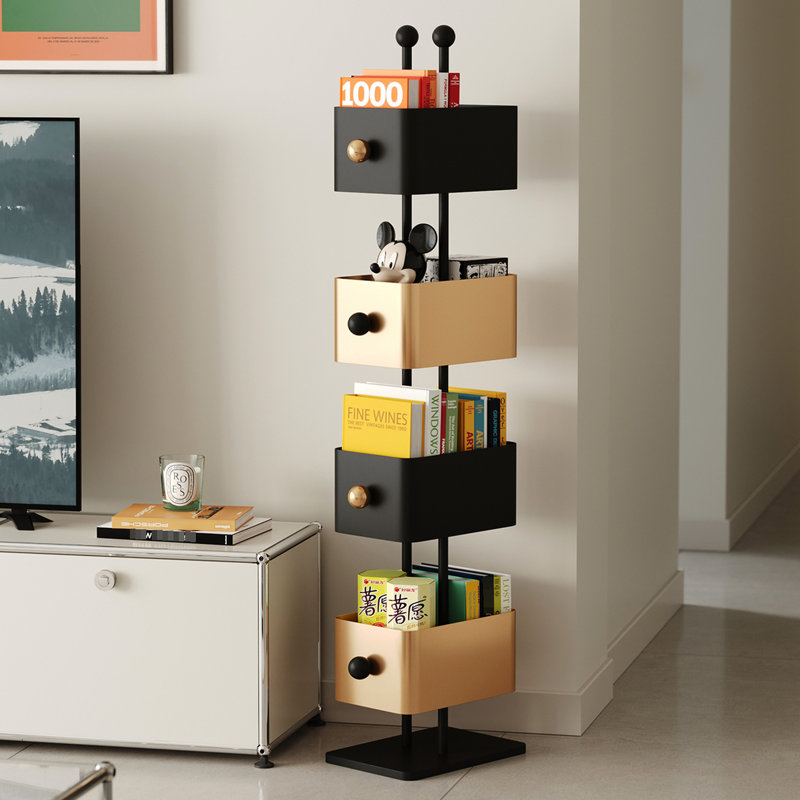 Bibliothèque décontractée de style boîte en métal colorée avec 4 tablettes verticales cubiques, dossier fermé, angle de 90 pour le coin, occupant un espace minimal, espace de vie principal idéal