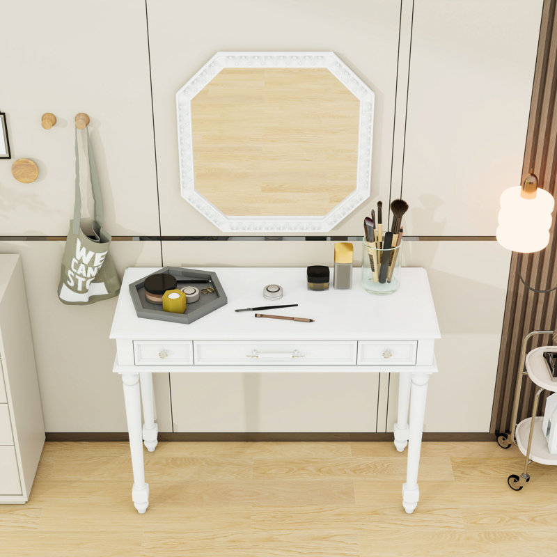 3-Drawer Wooden Makeup Desk with Mirror