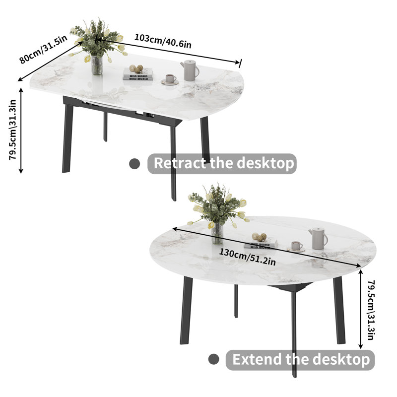 Champale Extendable Round Stone Top Metal Base Dining Table, White Marble