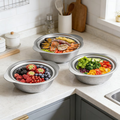 Stainless Steel Colander Set, 3-Piece Kitchen Strainer With Fast-Drain Holes, Non-Slip Handles, And Nesting Design For Pasta, Vegetables, And Fruits