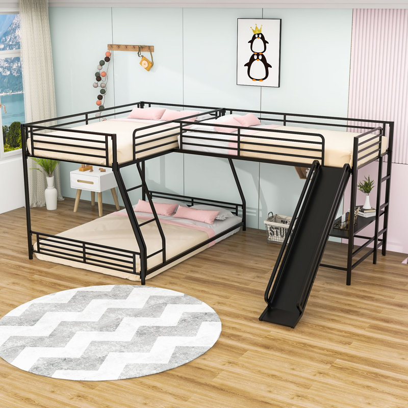 Twin and Twin over Full Bunk Bed with Desk and Slide