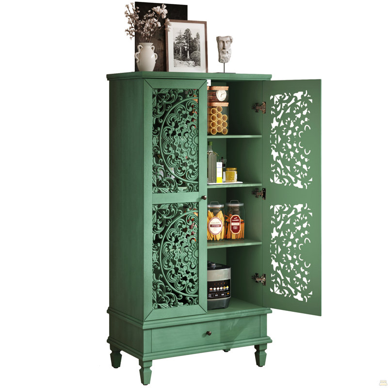 55'' Tall Storage Cabinet With Drawer, Decorative 2-Door Carved Wood Accent Cabinet With Solid Wood Legs, Antique Green