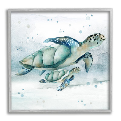 Tortue de mer et bébé encadrée sur bois par Janet Tava