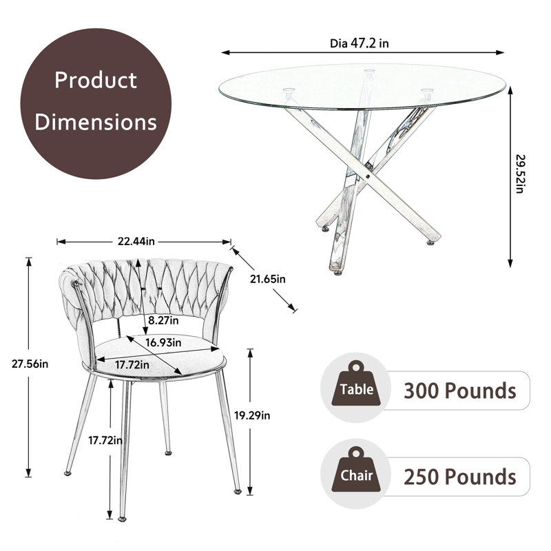 Ensemble de salle à manger Ruppe, H 29,5 po x L 47,24 po x l 47,24 po, Bleu/doré, Or