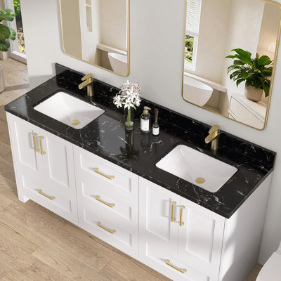 66 po X P 22 po De salle de bain rectangulaire à double cuve droite avec comptoir noir