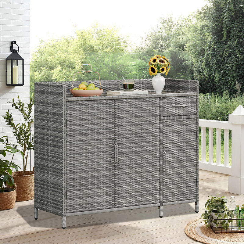 Armoire de rangement extérieure avec bureau en verre trempé et trois portes, Gris