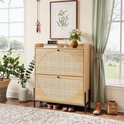 2-Drawer Rattan Shoe Cabinet With Wooden Frame For Entryway Storage