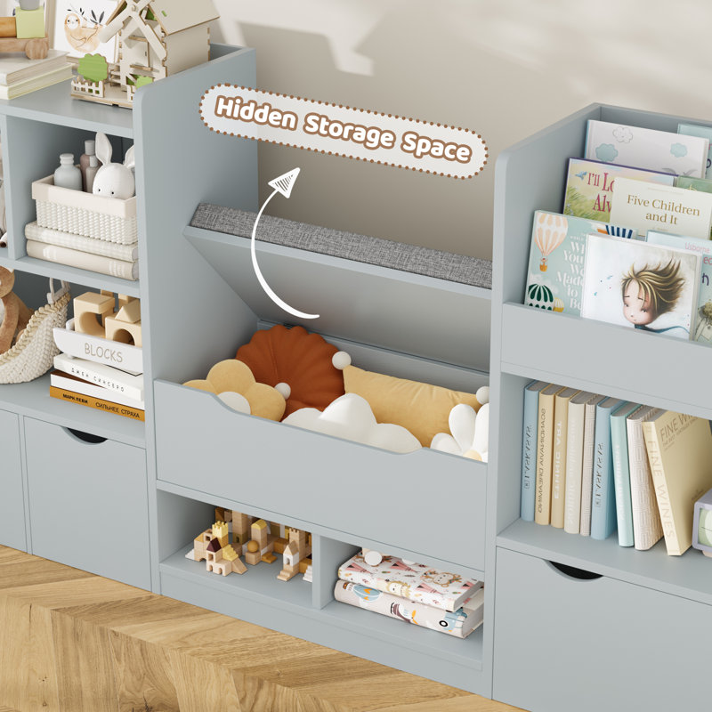 72" W x 37"H 4-IN-ONE Kids Bookcase with 3 Drawers, Soft Cushion, 3-Layer Bookshelf, Reading Nook, Gray