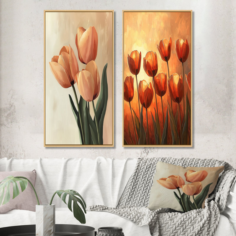 Tulipes brunes automne lueur I - Art mural floral 2 pièces, H 32 po x l 33 po, Cadre crème crème