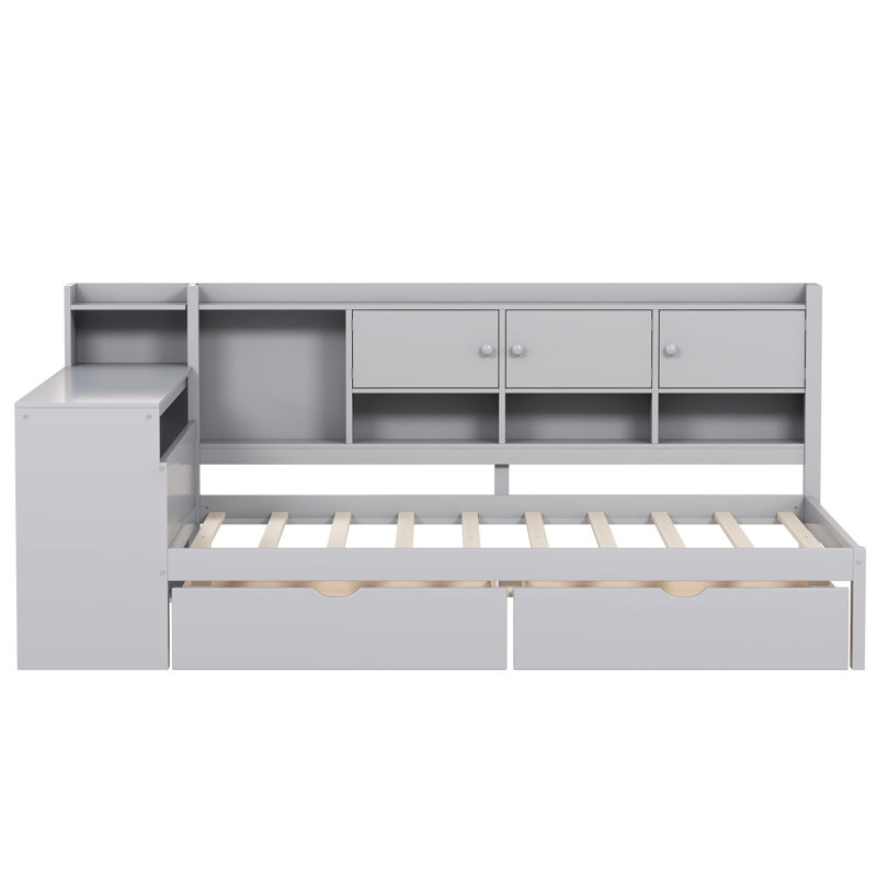 Full Size L-Shape Gray Daybed With Storage And Study Desk, Stable Frame Space Design For Bedroom 3 Cabinets, 2 Drawers, Desk Bookshelf Optimizing Small Spaces