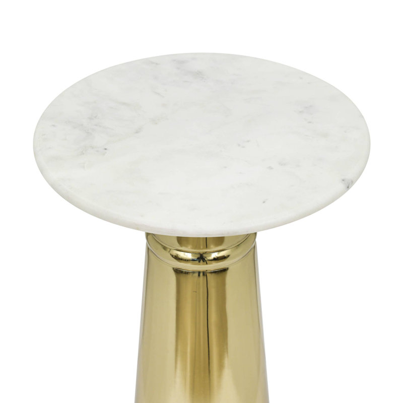 Table d'appoint piédestal en métal doré avec plateau en marbre blanc, 35,5 cm L x 35,5 cm P x 61 cm H