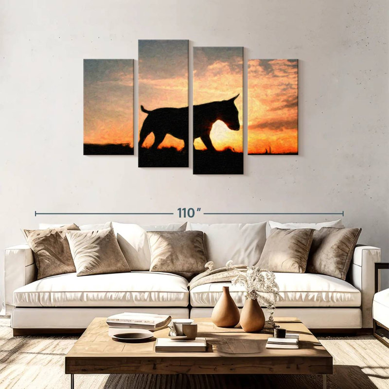 Bull terrier Brampt au coucher du soleil, H 48 po x l 75 po